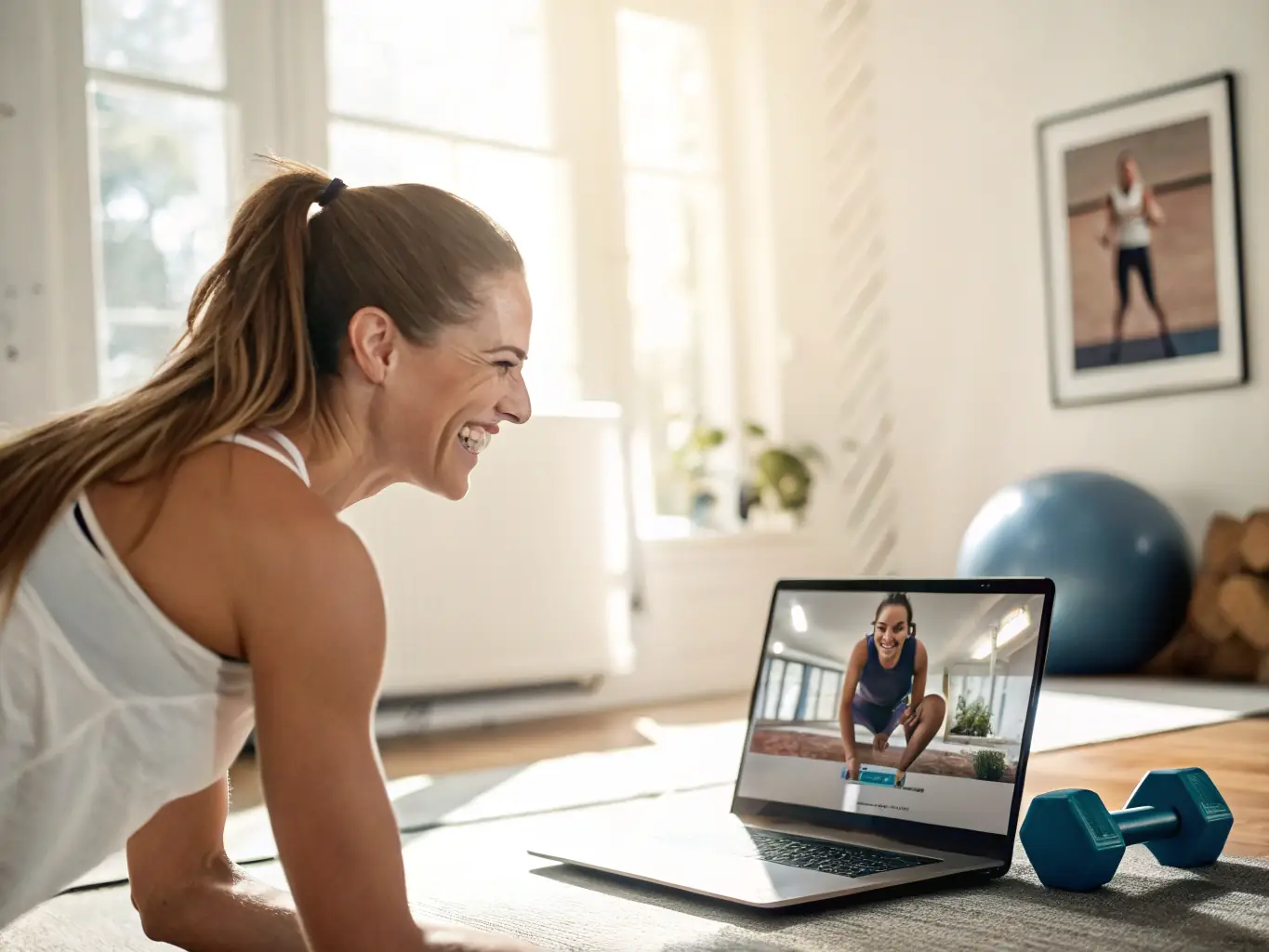 A split-screen image showing a client participating in a virtual training session on a laptop and another client working out with a trainer in a home setting. Both clients are engaged and focused on their workouts.