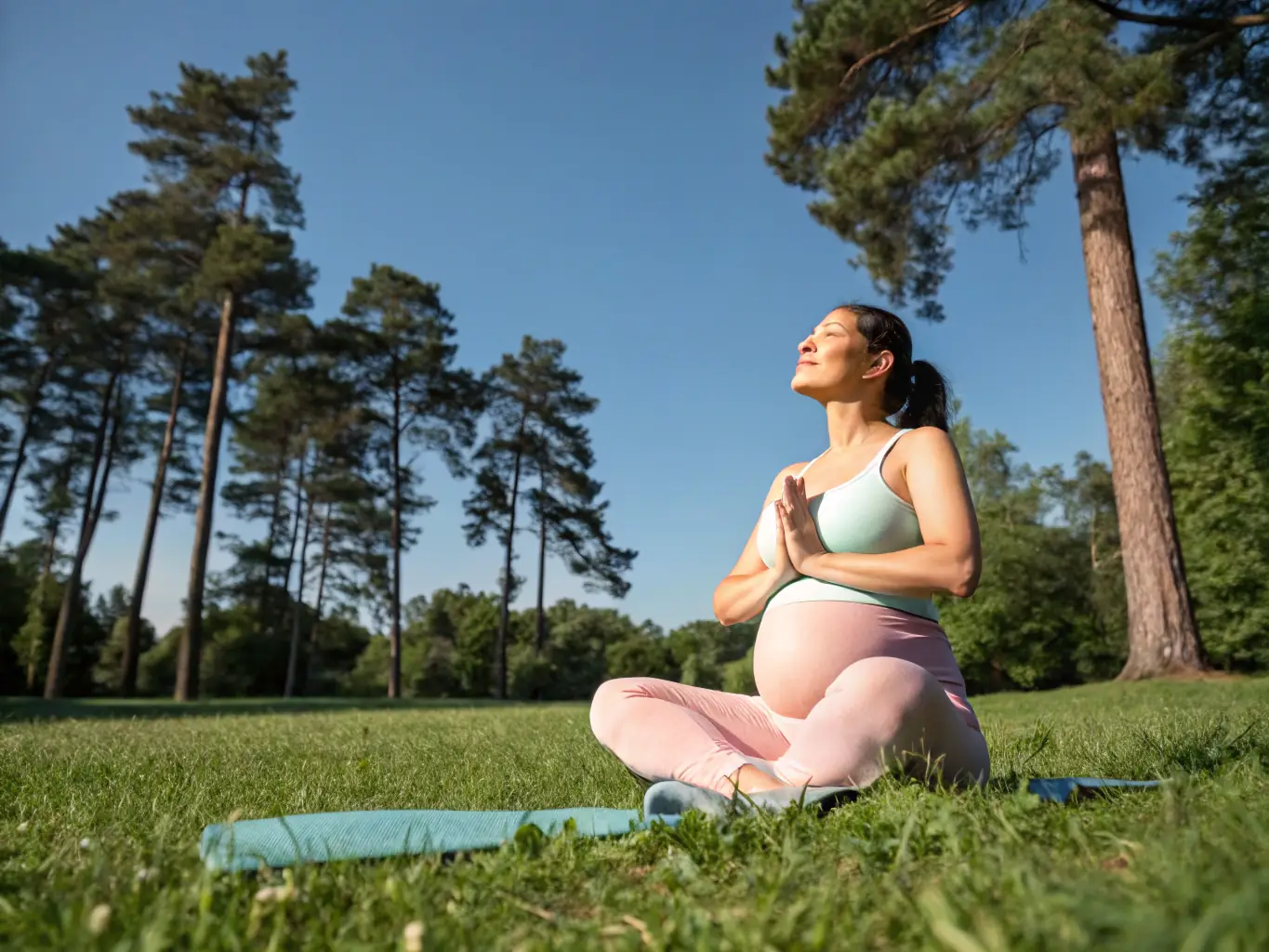 A joyful image of a new mother in her early 30s, gently exercising with her baby in a park, showcasing the bond and the benefits of post-natal fitness.