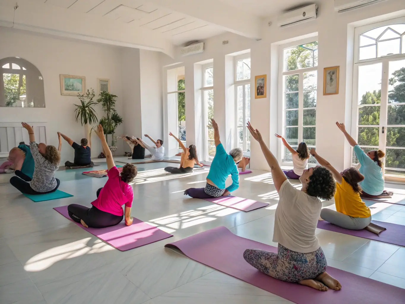 A diverse group of people are participating in a yoga class in a bright studio, led by a certified instructor. The participants are of varying ages and fitness levels, demonstrating inclusivity and accessibility.