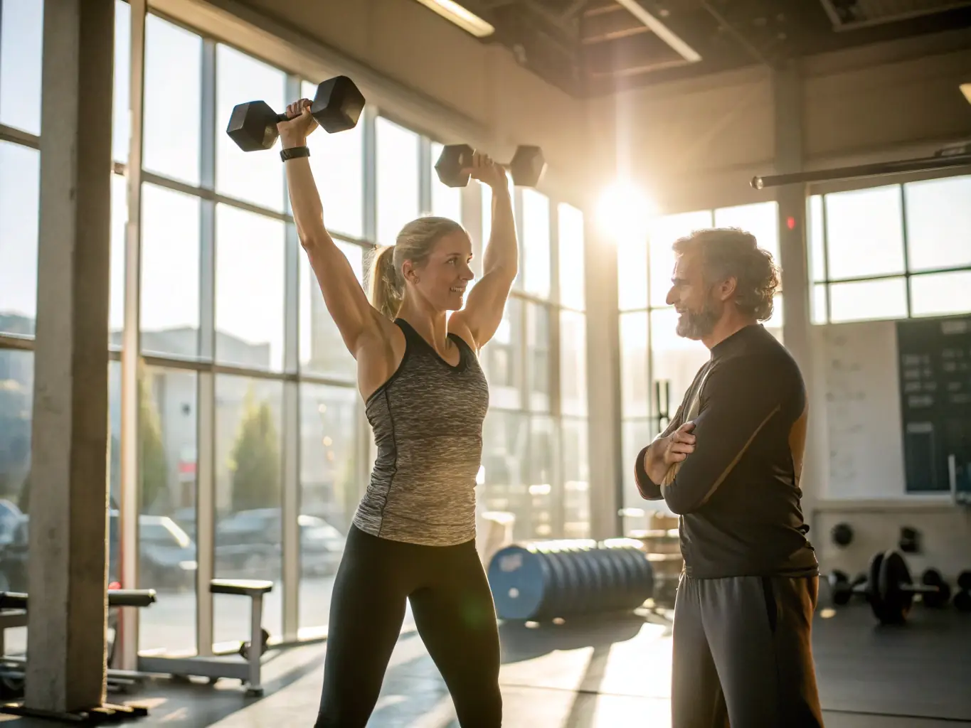 A vibrant image of a pregnant woman in her late 20s or early 30s, confidently lifting light weights under the supervision of a personal trainer, set in a modern gym environment.