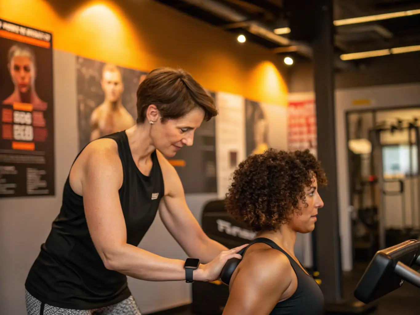 A personal trainer is working with a client in a well-equipped gym, demonstrating proper form for a weightlifting exercise. The trainer is attentive and supportive, ensuring the client's safety and effectiveness.