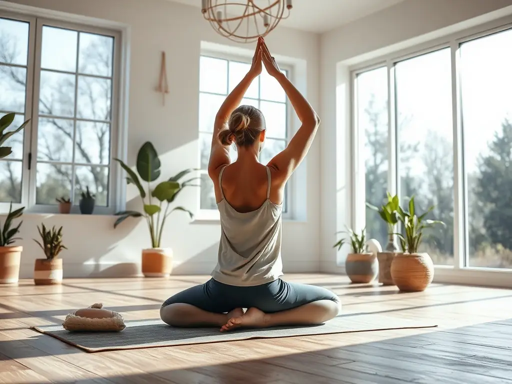 A serene image of a woman in her late 30s practicing yoga in a sunlit studio, emphasizing balance and mindfulness, suitable for illustrating hormonal balance programs.